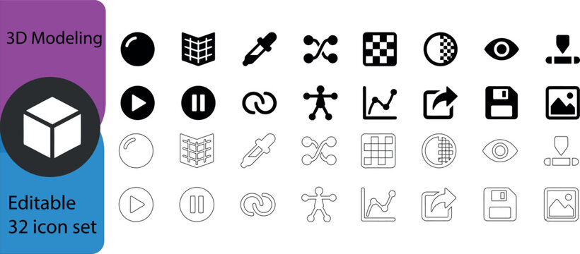 3d modeling icon set editable vector graphics for design and development