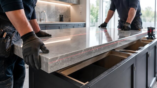Modern kitchen countertop installation, marble slab, home renovation