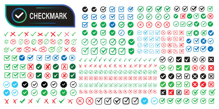 Green check mark and red cross icon set, circle and square. Tick symbol in green color. Hand drawn checkmark illustration. set button correct right wrong buttons or yes or no checkmark. BEST EPS 10