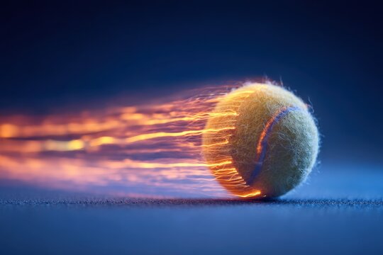 Tennis ball captured in motion streaked with vibrant glowing trails symbolizing speed and energy during a dynamic sports action sequence on court surface