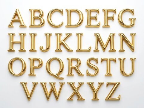 Golden alphabet letters on white background.