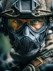 Obraz premium Intense soldier wearing tactical helmet and protective mask with focused eyes ready for action in combat or military operations outdoor environment