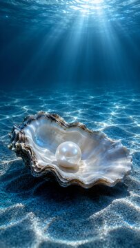 Shiny white pearl resting inside an open clam shell resting on the sandy ocean floor under bright blue sunlit water