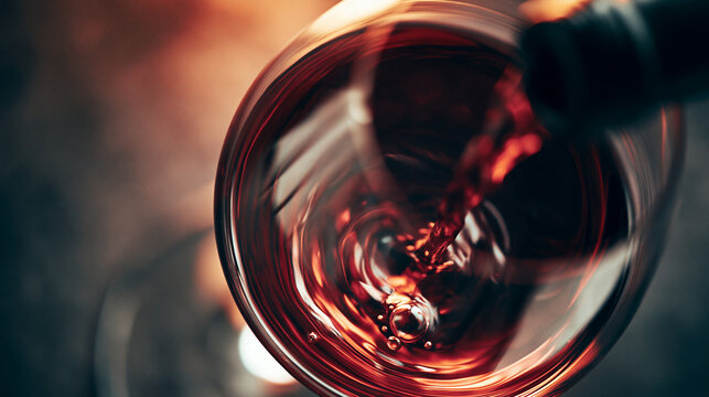 goblet. Wine pouring into a glass from above, rich burgundy liquid with motion. bar promotions, beverage menus, designed for product packaging and bar promotions, elevates brand perception.