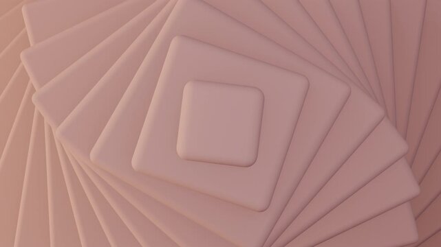 Aesthetic 3D pastel pink geometric layers rotating seamless loop. Soft papercut square spiral tunnel background. Elegant wellness cosmetics spinning backdrop 4K.