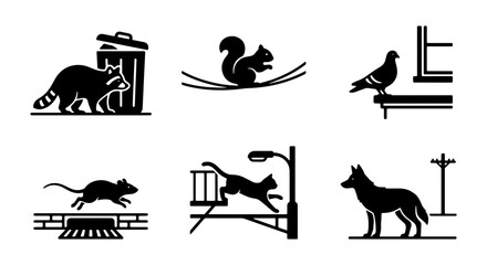 Urban Wildlife Silhouette Icons: Raccoon, Squirrel, Pigeon, Rat, Cat, Dog Vector Set © Tumpa