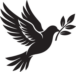 Obraz premium Minimalist dove with olive branch silhouette icon in black, symbolizing peace, hope, reconciliation, harmony, and unity lifestyle concepts