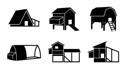 Chicken Coop Vector Icons Set, Poultry House Silhouettes, Farm Building Graphics, Agricultural Dwelling Illustrations © Tumpa