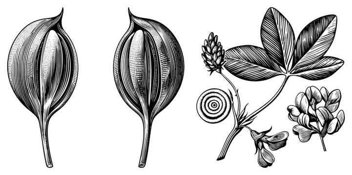 Detailed woodcut style botanical study featuring organic seed husks, dried pods, and a flowering sprig. This herbalist sketch captures intricate plant anatomy for scientific or decorative use.