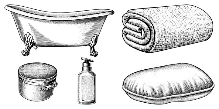 This collection features a classic clawfoot tub, or soak tub, alongside a rolled towel and plush pillow. The set includes a bath basin and soap dispenser, all rendered in a detailed woodcut aesthetic.