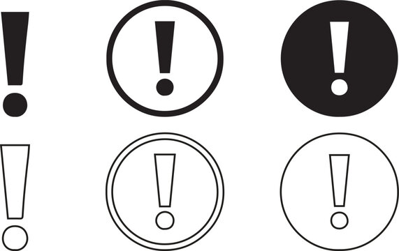 Minimalist exclamation mark icons set featuring bold and outlined variations with circular designs, symbolizing warning, caution, emphasis, and alert signage concepts