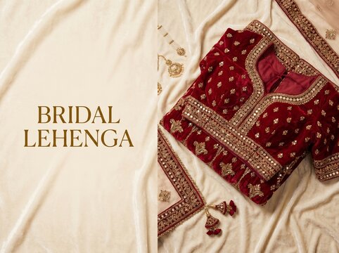 Bridal lehenga choli in maroon velvet, traditional Indian wedding dress with gold embroidery, luxury ethnic bridal wear for marriage ceremony