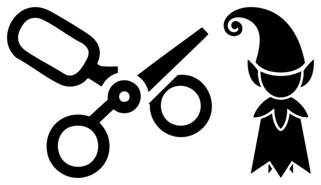 Minimalist black stencil featuring sharp cutting tools and a little. This collection includes a pair of snips and a tiny pixie silhouette for creative design projects.