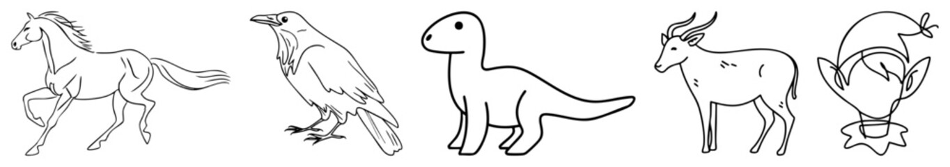 Obraz premium Simple drawings featuring a galloping steed, a feathered corvid, a prehistoric saurian, an antelope, and a whimsical forest. These fine sketches capture essence through minimal str