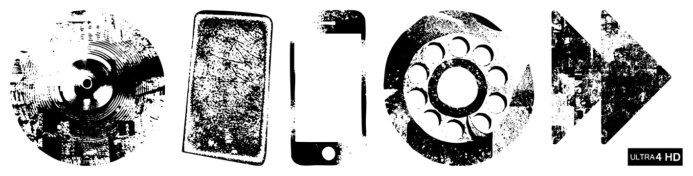 Collection of gritty lo fi elements featuring a scratched compact disc, a mobile handset, and a rotary dial phone. These textured tech artifacts include a play button symbol and a smartphone slab.