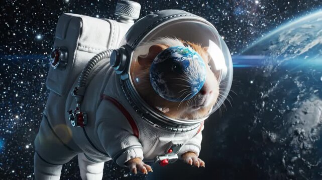 Cute Astronaut Guinea Pig in a Miniature Spacesuit Floats in Space with Earth Reflection