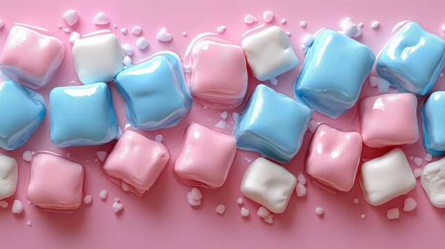 Pastel-colored, square candies and tiny crumbs on a smooth pink surface, close-up