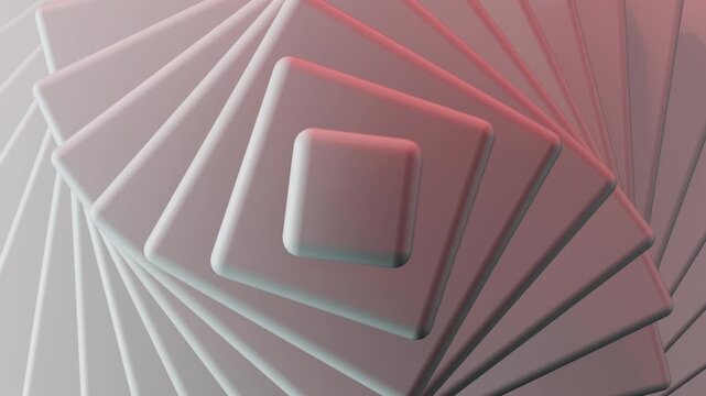 Minimalist 3D white geometric layers rotating seamless loop. Clean paper craft square spiral tunnel background. Elegant medical technology spinning motion graphics 4K.