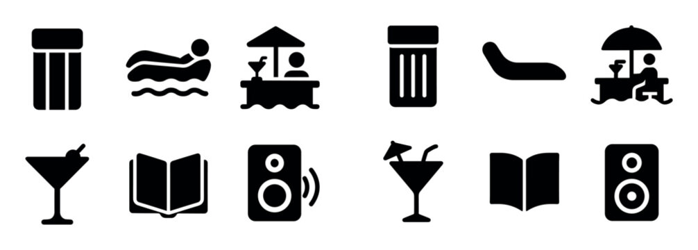 Leisure icons with drink book speaker flat