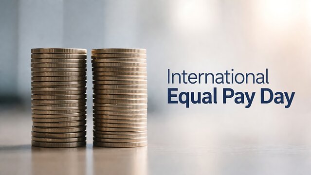 Two stacks of coins on a table with international equal pay day text