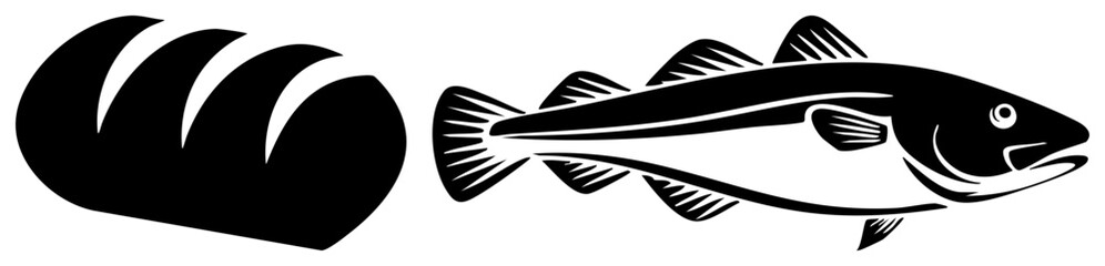 Fototapeta premium Striking duo featuring a sea creature, also known as a cod or gadoid, alongside a hearty loaf of bread. This simple food pairing uses high contrast shapes for a clean aesthetic.