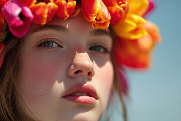 Naklejka premium Portrait of a young woman with delicate freckles wearing a vibrant orange and pink flower crown against a soft blue sky on a sunny day