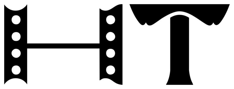 Bold graphic featuring a celluloid strip, often called a film or movie reel, paired with a heavy block letter T. This stencil style composition uses high contrast shapes.
