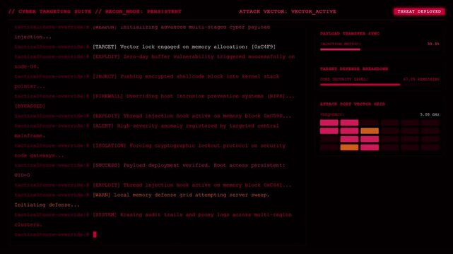 Futuristic Cyber Security Hacker Terminal Screen With Red Text And Graphs.