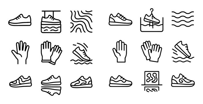 Footwear icons with shoe glove wave outline