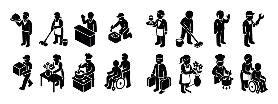 Service icons with waiter mop and wrench silhouette