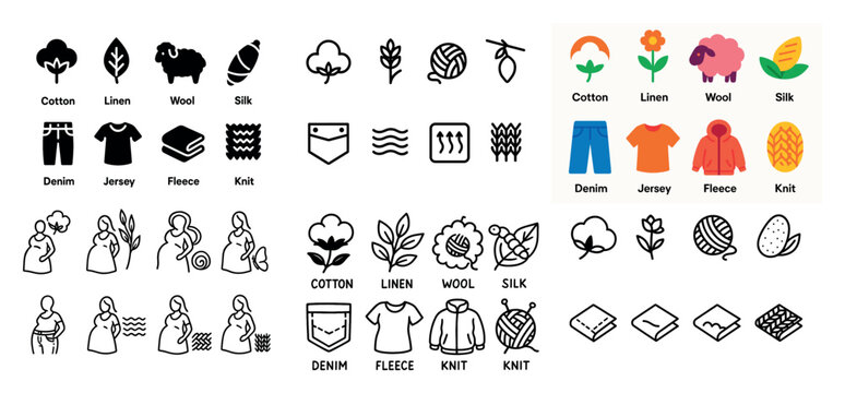 Textile icons with cotton wool denim outline minimal