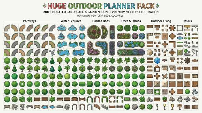 Huge outdoor planner pack, 200+ isolated landscape and garden icons, top down view detailed vector illustration for architectural site design