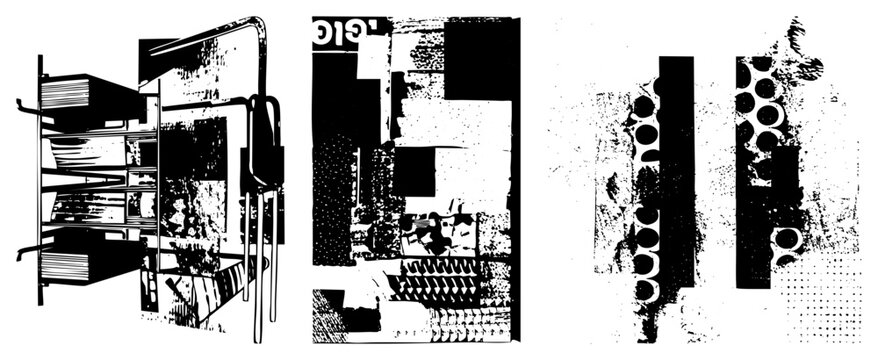 Raw mix of mixed textures featuring grit and grain. This experimental art piece uses punk rock collage, art, and distressed shapes to create a chaotic visual rhythm.