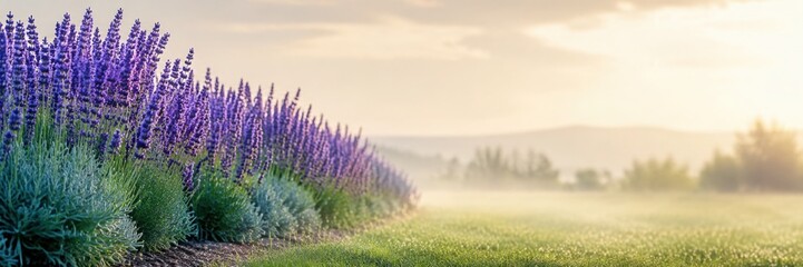 Obraz premium Lavender Border in Bloom With Wide Copy Space