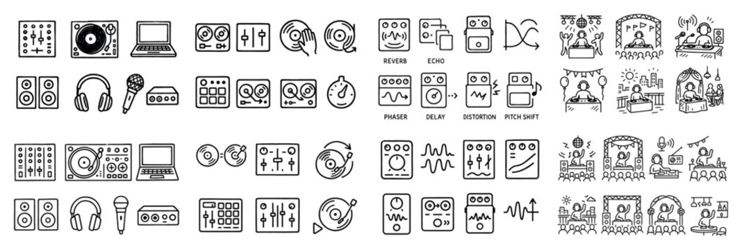 Music icons with turntable mixer laptop outline