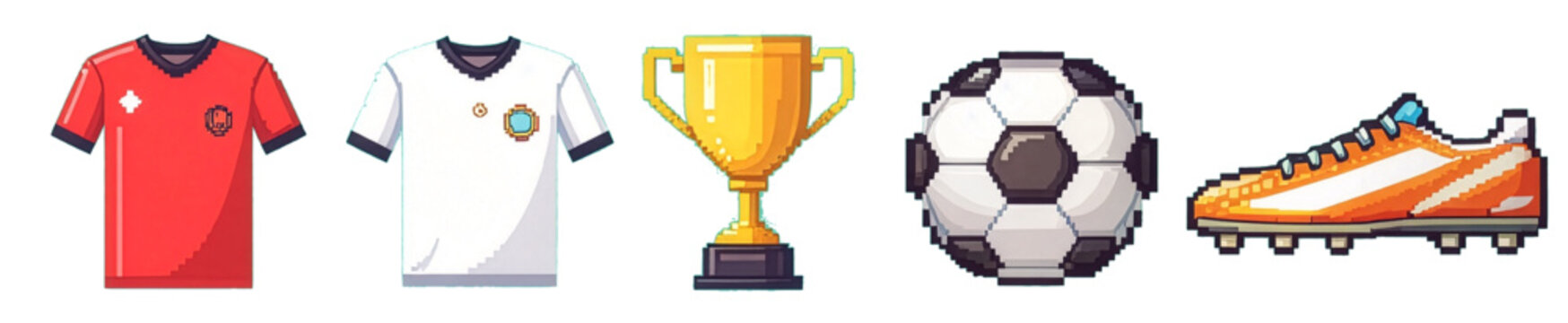 Pixel art icons of a soccer ball, soccer shoe, jersey, and trophy &ndash; various sports equipment items for soccer game design and retro digital projects; 8-bit game asset.