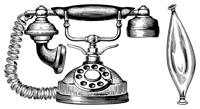 Antique candlestick phone and old school blower, featuring intricate woodcut engraving styles. This rotary telephone and air bulb set captures a nostalgic era of communication and manual tools.