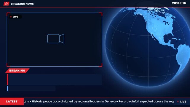 Breaking news studio broadcast template with live screen rotating globe and scrolling ticker