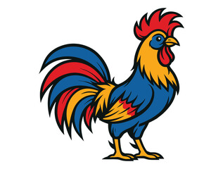 Fototapeta premium Rooster colorful illustration with vibrant feathers and bold black outline standing proudly