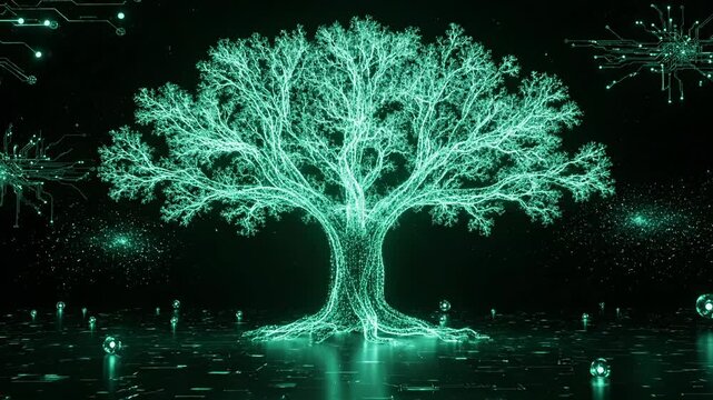 Digital tree glows with circuit connections and data spheres. Holographic tree displays network nodes in cyberspace. Tree visualization shows digital branches. Circuit data surrounds tree.