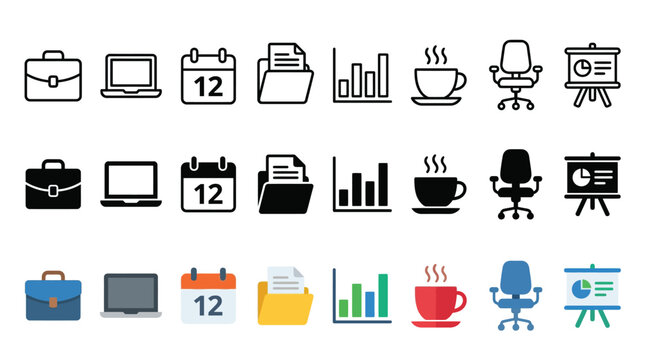 Set of professional business office icons featuring simple outlines and colorful flat graphic design styles