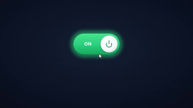 Animated toggle switch button turning on and off with green power icon on dark user interface