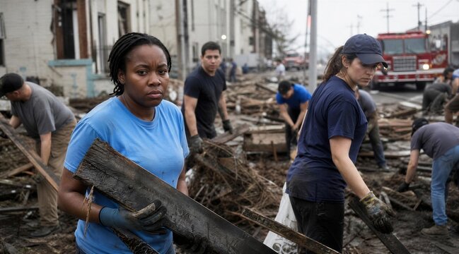 Diverse Volunteers Clearing Debris After Urban Disaster