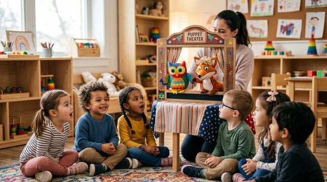 Children watching puppet show in cozy classroom with teacher and attentive young audience