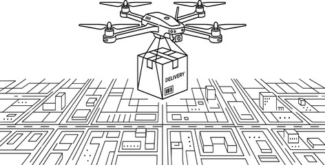 Fototapeta premium Black and white line art illustration of a delivery drone transporting a package over a city map layout