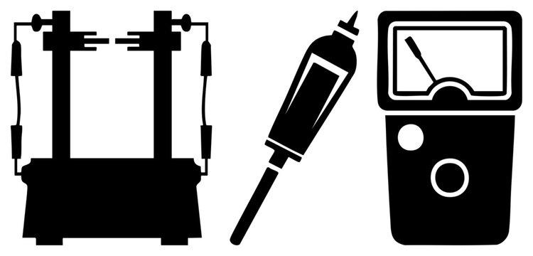 Professional set of electrical diagnostic tools featuring a testing rig, a soldering iron, and a digital multimeter. This technical gear, including a volt meter, is essential for electricians.
