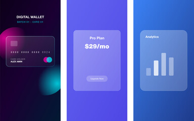 Obraz premium Glassmorphism user interface elements for digital wallet application with banking card set.