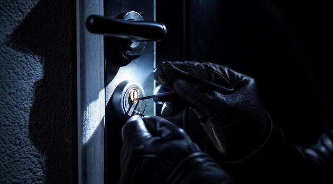 Burglar Hands in Black Gloves Picking a Door Lock at Night
