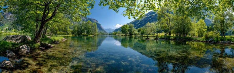 Naklejka premium Scenic landscape of tranquil lake with lush green trees and mountain range