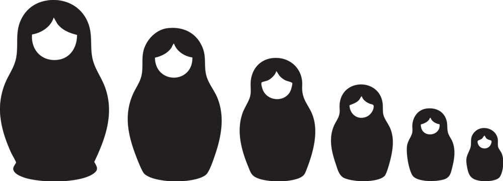 Set of six minimalist matryoshka dolls in descending size isolated on white background